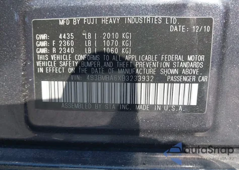 2011 Subaru Legacy 2.5I z USA, uszkodzony, nr VIN 4S3BMBA6XB3233932